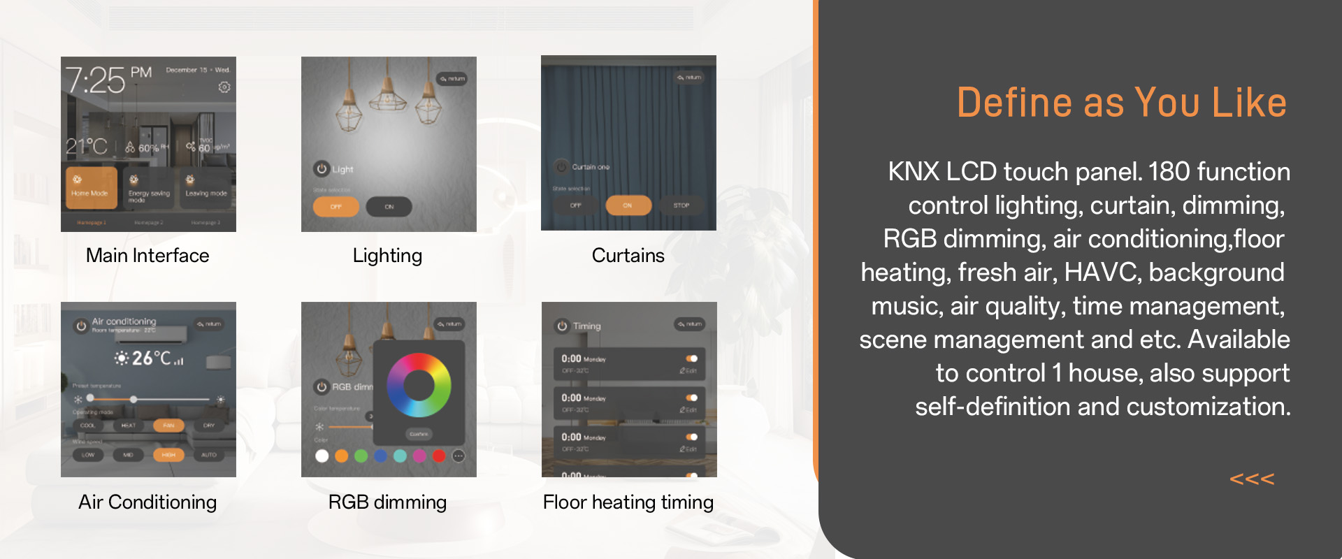 knx panel built-in 8 scene modules, flexible to achieve various scene controls, with quick links and navigation functions.