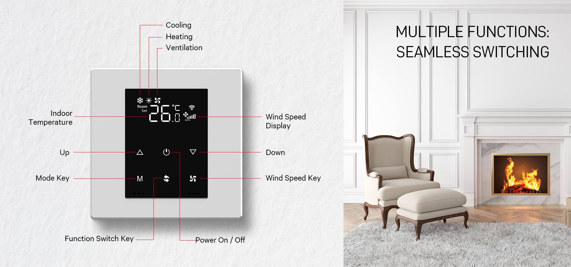 knx thermostat of air condtioning, underfloor heating and fresh air contorl