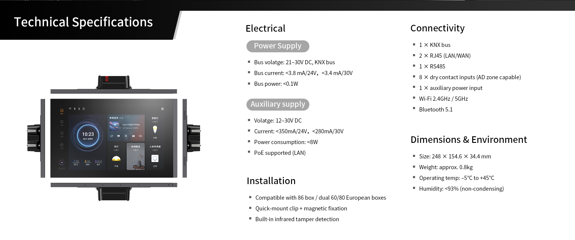 Technical specifications of the 10.1-inch KNX smart touch control panel, including dimensions and connectivity details